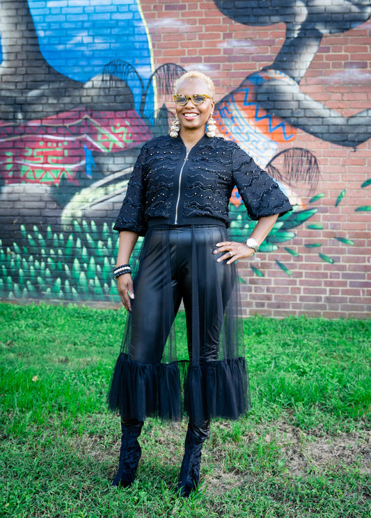 Black Sheer Tulle Embellished Duster w/Ruffled Hem